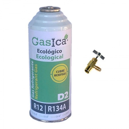 1 Botella Gas Ecologico Gasica D2 226g + Valvula Sustituto R12, R134A